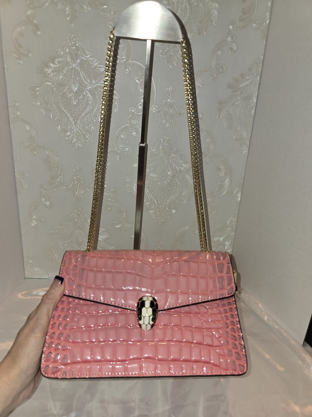 FAUX Pink Croc-Embossed Shoulder Bag with Gold Chain & SNAKE CLOSURE